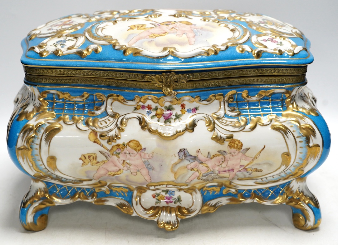 A large Sevres style porcelain casket, 33cm wide. Condition - good